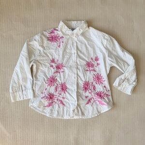 Vintage April Cornell Boho white pink floral embroidery button down blouse